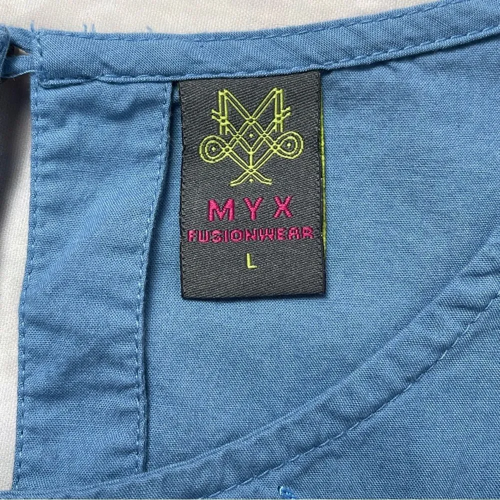 MYX Fusionwear blue boho embroidered cotton dress bell sleeves pockets, size L - Picture 3 of 14